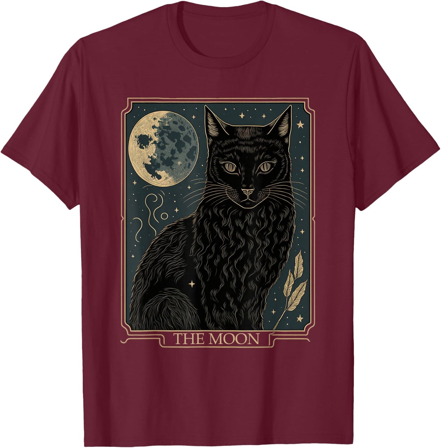 Tarot Card Crescent Moon And Cat Graphic T-Shirt - T-Shirt | Maroon