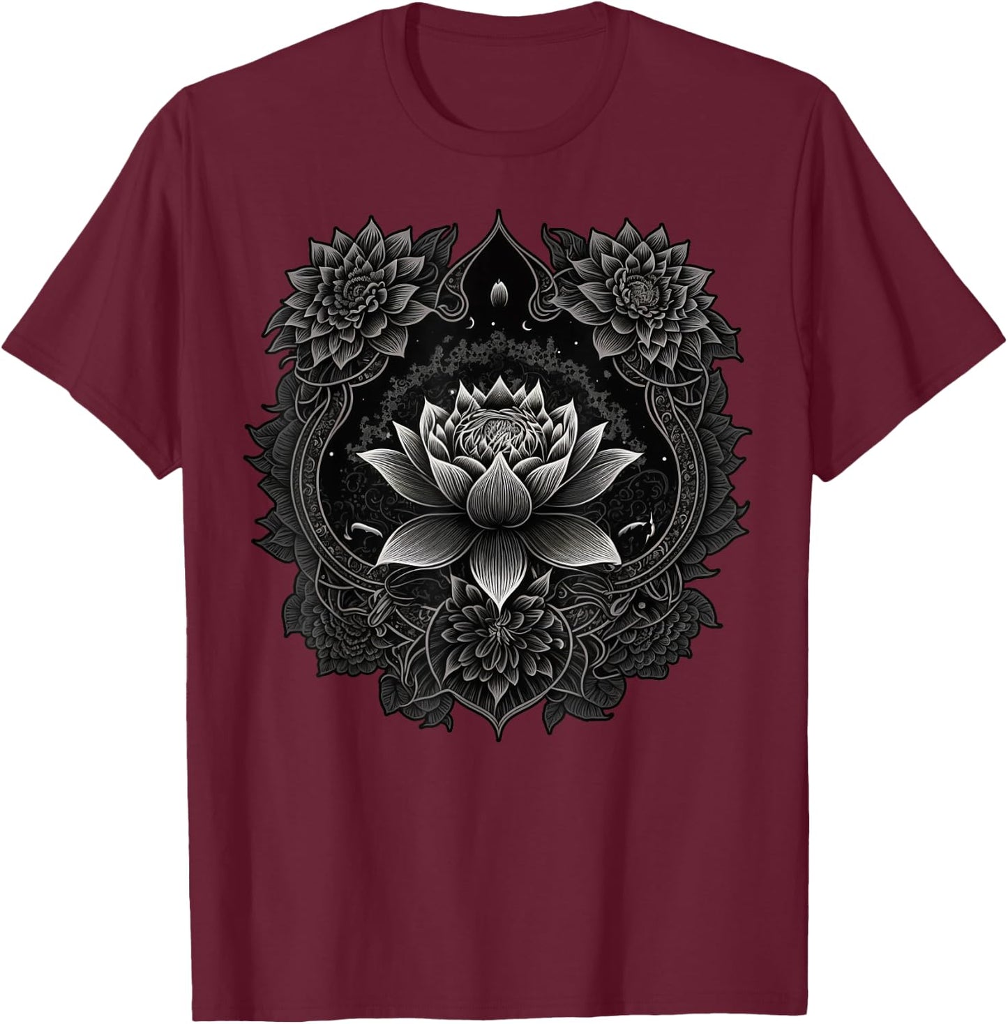 Spiritual Zen Lotus Flower on Mandala Lotus Flower T-Shirt - T-Shirt | Maroon