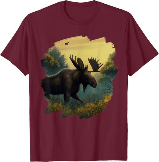 Moose Retro Vintage Animal Moose Nature Wildlife Art T-Shirt - T-Shirt | Maroon