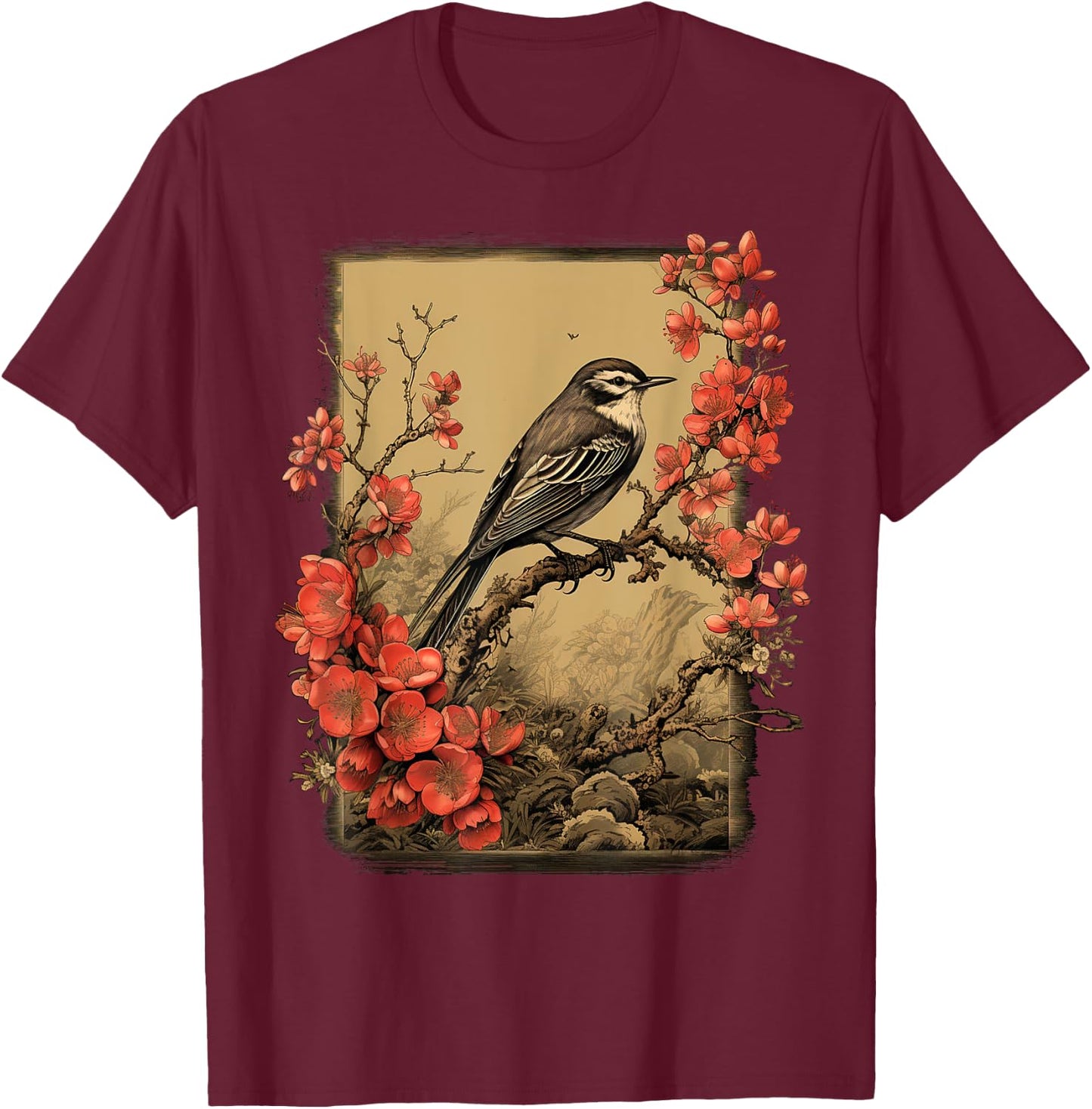 Vintage Bird and Flowers Japanese Art T-Shirt - T-Shirt | Maroon