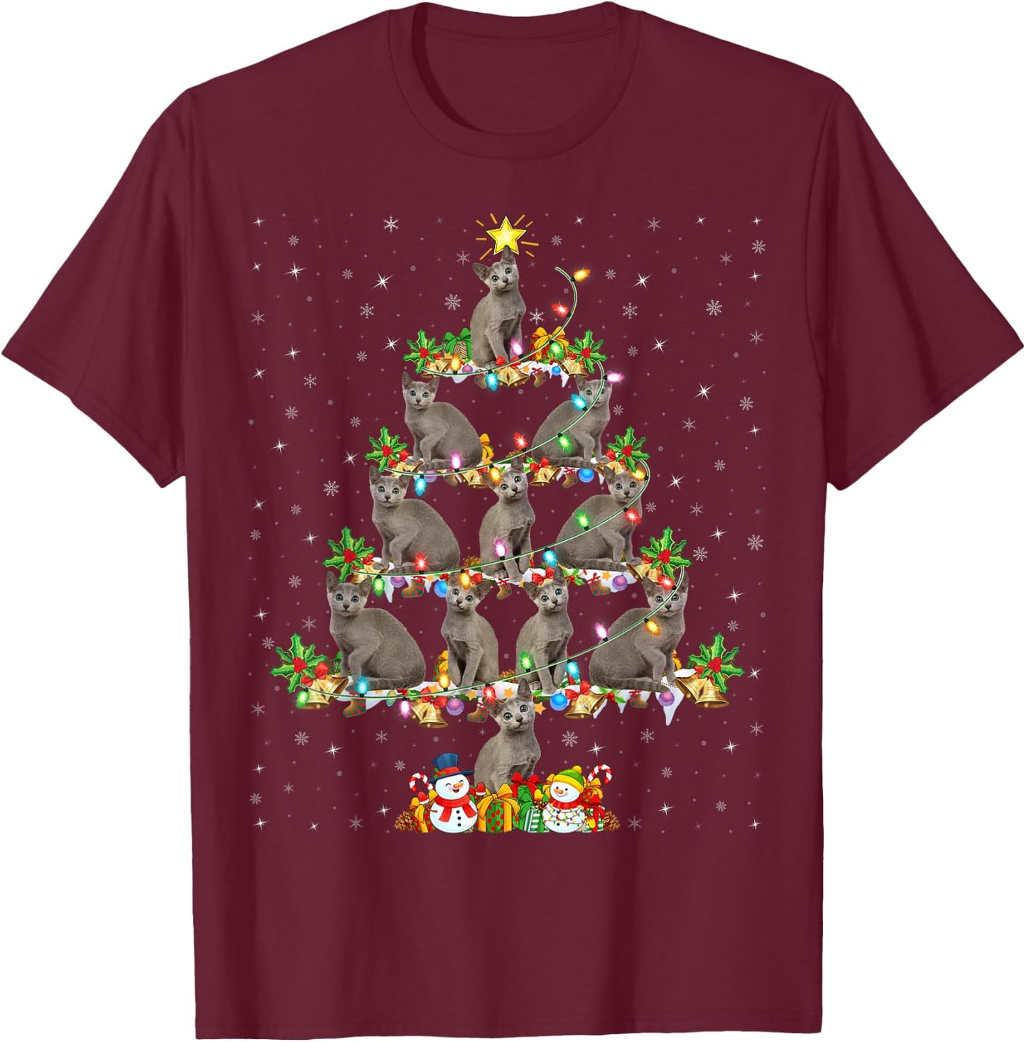 Russian Blue Cat Xmas Lights Russian Blue Cat Christmas Tree T-Shirt - T-Shirt | Maroon