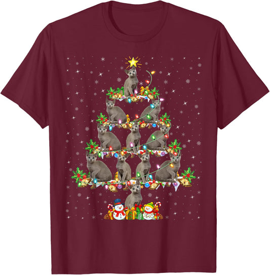 Russian Blue Cat Xmas Lights Russian Blue Cat Christmas Tree T-Shirt - T-Shirt | Maroon