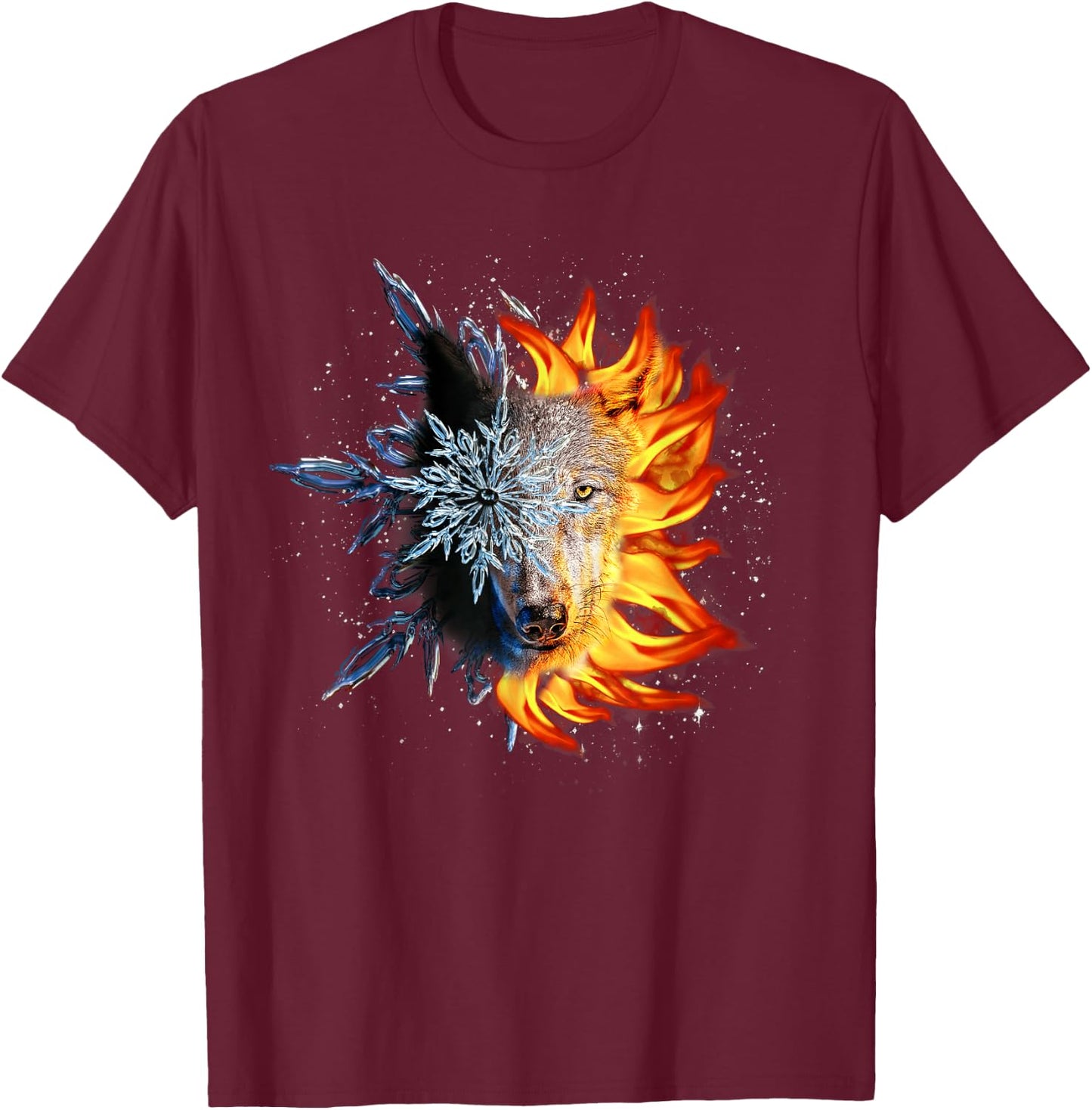 Fire and Ice Wolf, Sun and Moon Wolves T-Shirt - T-Shirt | Maroon