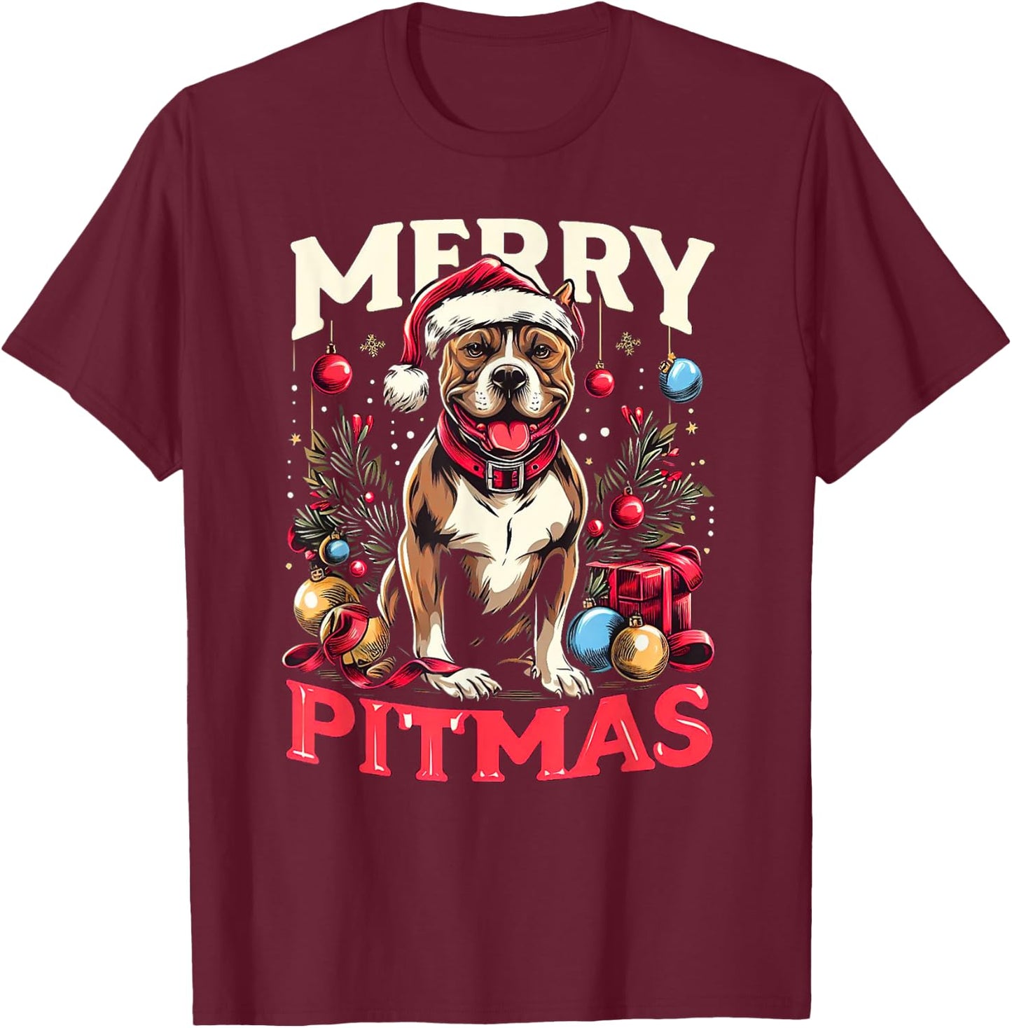 Merry Pitmas Pitbull Funny Christmas Sweater T-Shirt - T-Shirt | Maroon