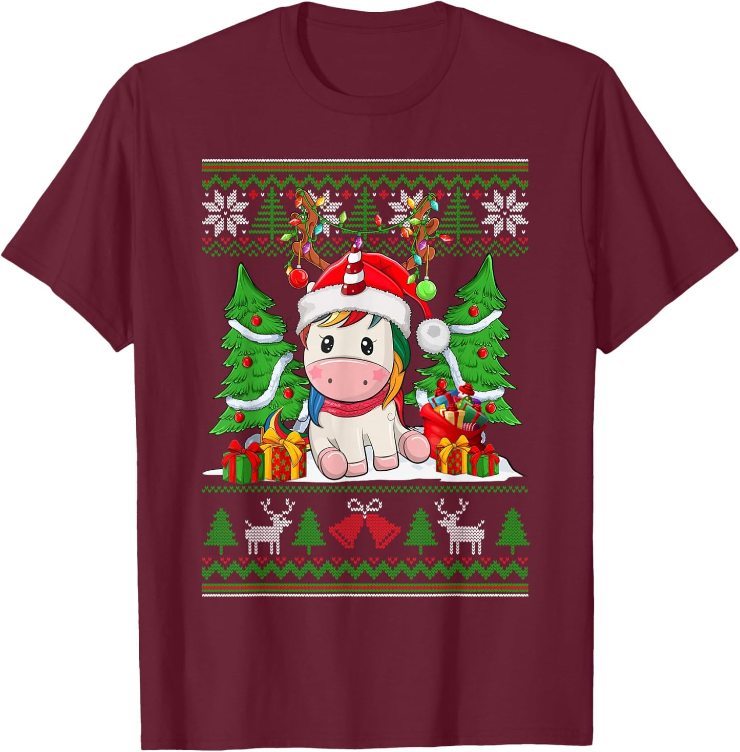 Christmas Girls Xmas Unicorn Deer Ugly Christmas Sweater T-Shirt - T-Shirt | Maroon