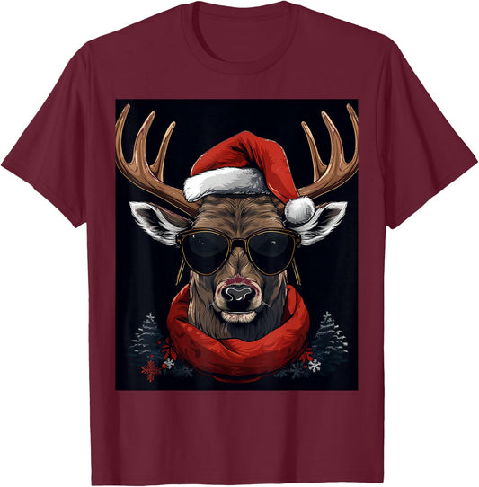 Deer Christmas Hat Shirt - X-mas Deer T-Shirt - T-Shirt | Maroon