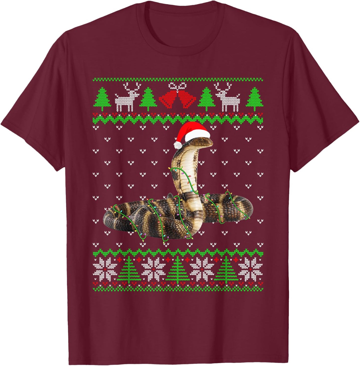 Funny Cobra Lights Ugly Sweater Christmas Tree Animals T-Shirt - T-Shirt | Maroon