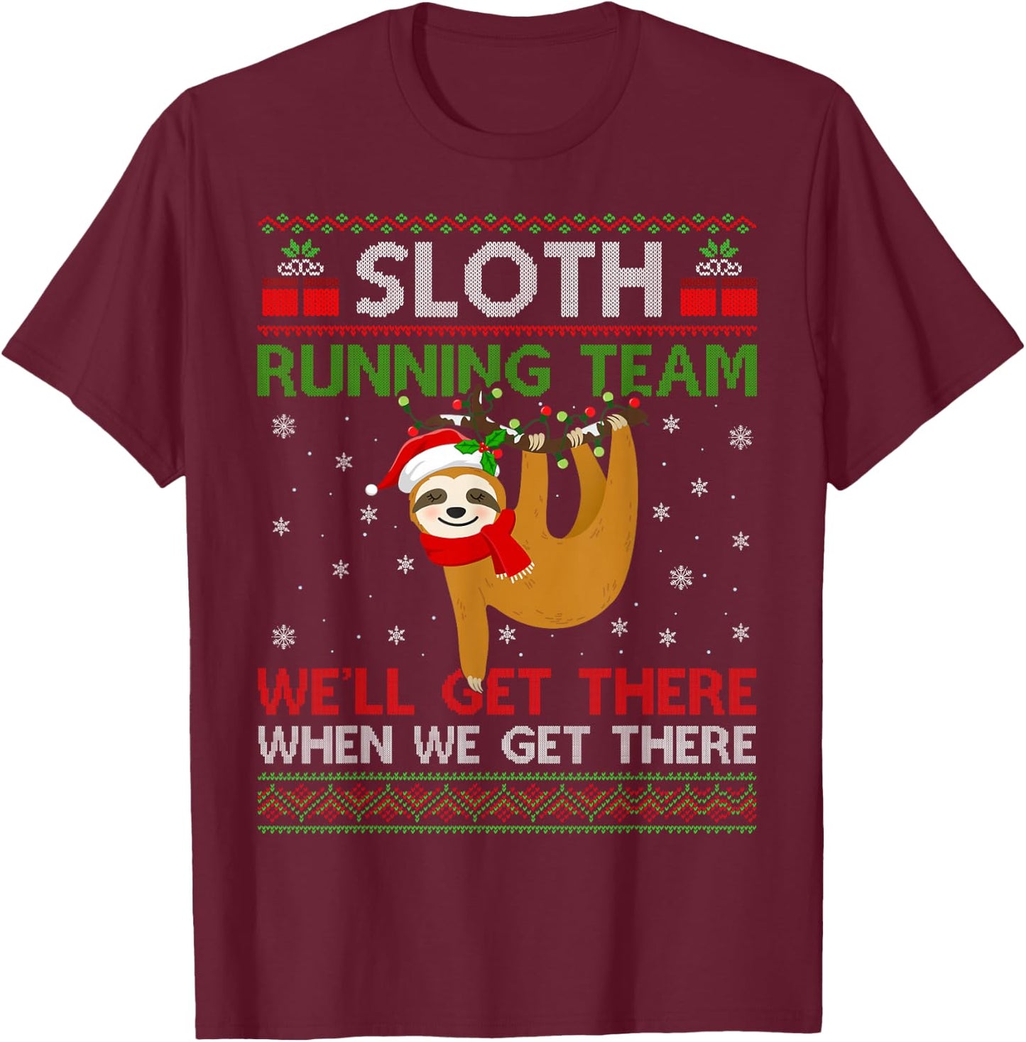 Funny Sloth Running Team Xmas Lights Ugly Sloth Christmas T-Shirt - T-Shirt | Maroon