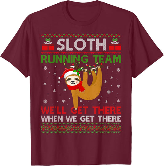 Funny Sloth Running Team Xmas Lights Ugly Sloth Christmas T-Shirt - T-Shirt | Maroon