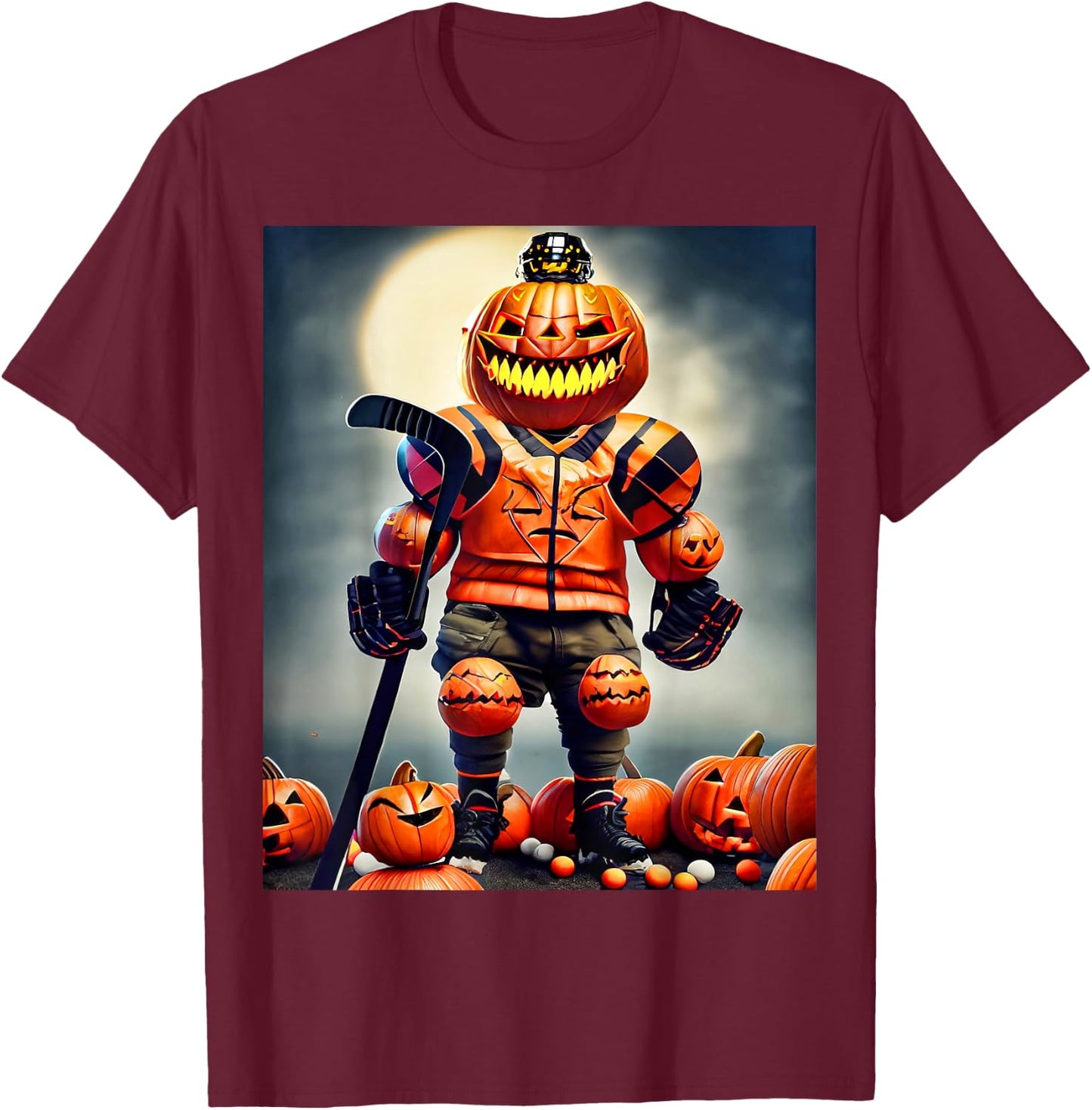 Halloween Hockey Season Pumpkin Player T-Shirt - T-Shirt | Maroon