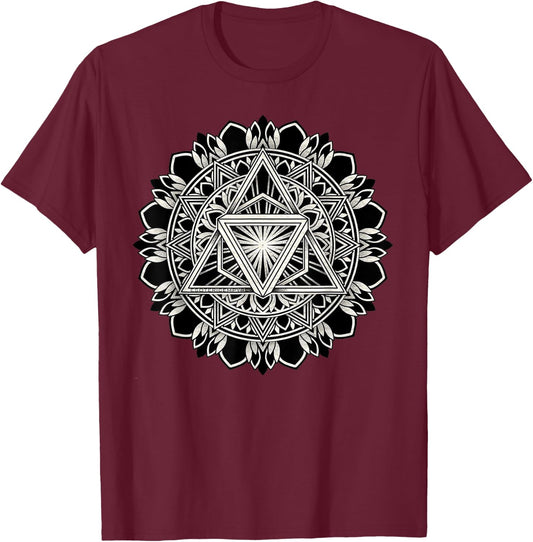 Sacred Geometry Tri-Hex Mandala Geometric Blackwork T-Shirt - T-Shirt | Maroon