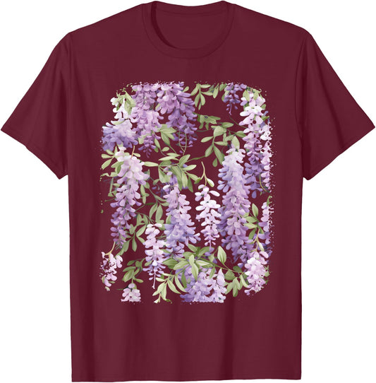 Wisteria Flower Bouquet Plant Lover Floral Pattern Design T-Shirt - T-Shirt | Maroon