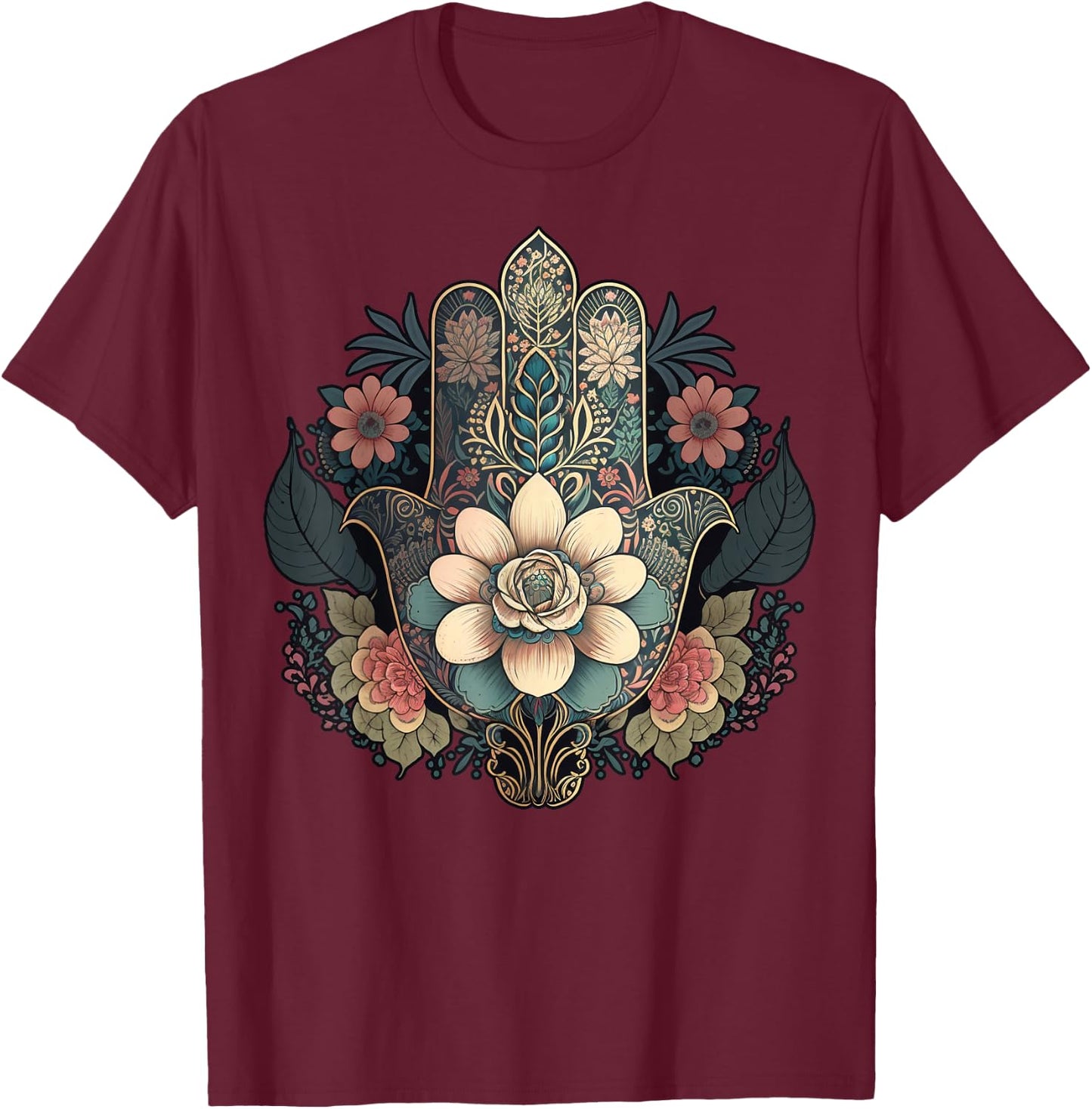 Khamsah or flower Hand of Fatima on floral Hamsa Hand T-Shirt - T-Shirt | Maroon
