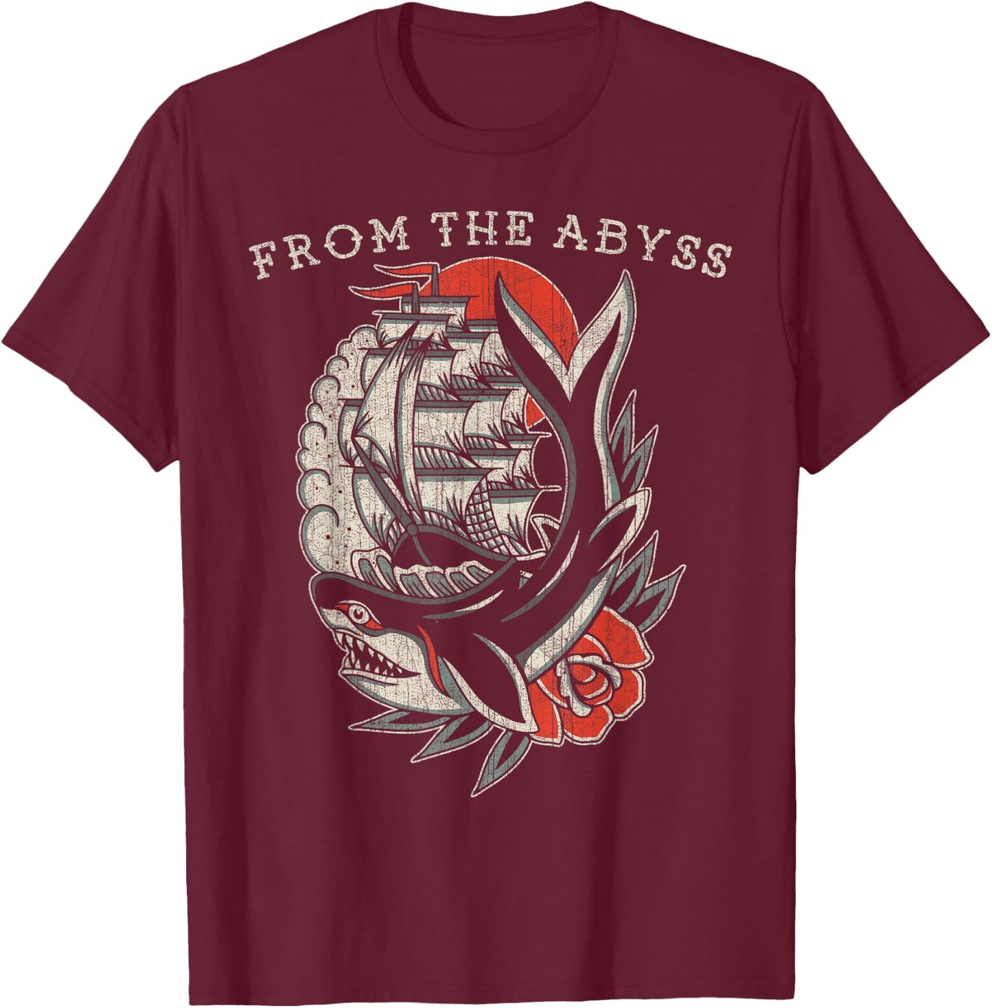 From the Abyss, Traditional Old School Ship & Shark Tattoo T-Shirt - T-Shirt | Maroon