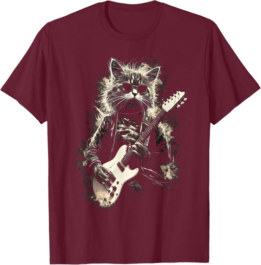Cat Playing Bass Guitar Guitarist Rocker cool Men Women Kids T-Shirt - T-Shirt | Maroon