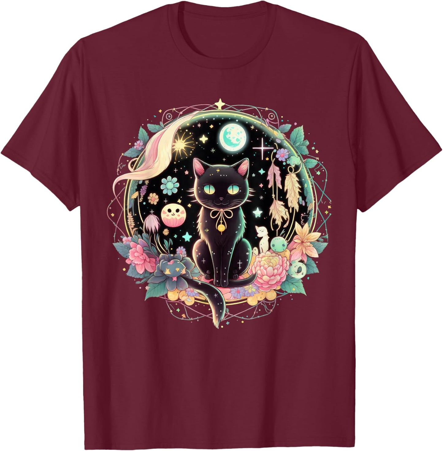 Moon Phases Crystal Witchy Cute Black Cat Kawaii Pastel Goth T-Shirt - T-Shirt | Maroon