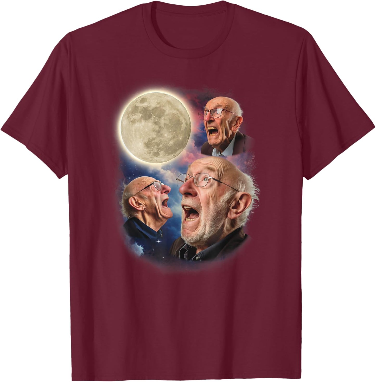 Three Grandpa Moon Old Men Howl At Moon Weird Cursed Meme T-Shirt - T-Shirt | Maroon