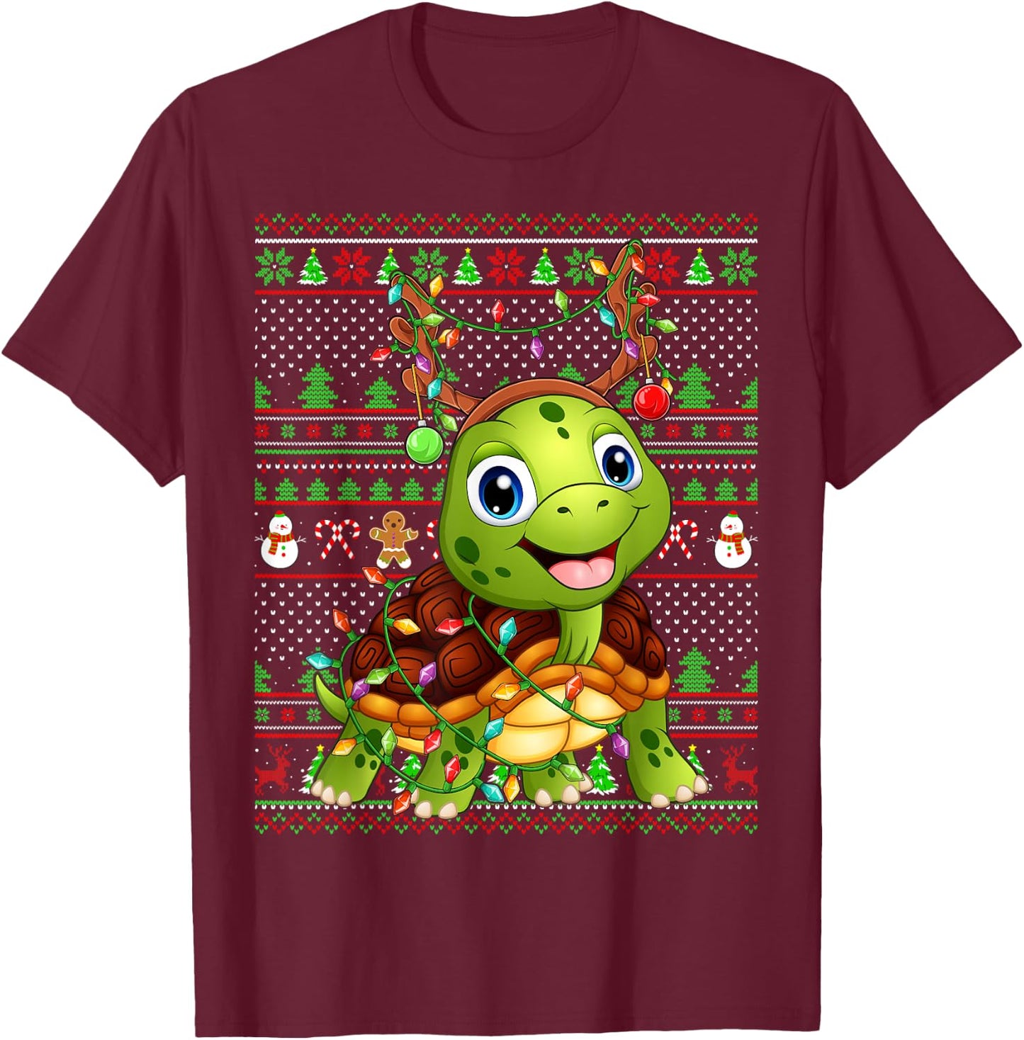 Ugly Xmas Sweater Style Lighting Turtle Christmas T-Shirt - T-Shirt | Maroon