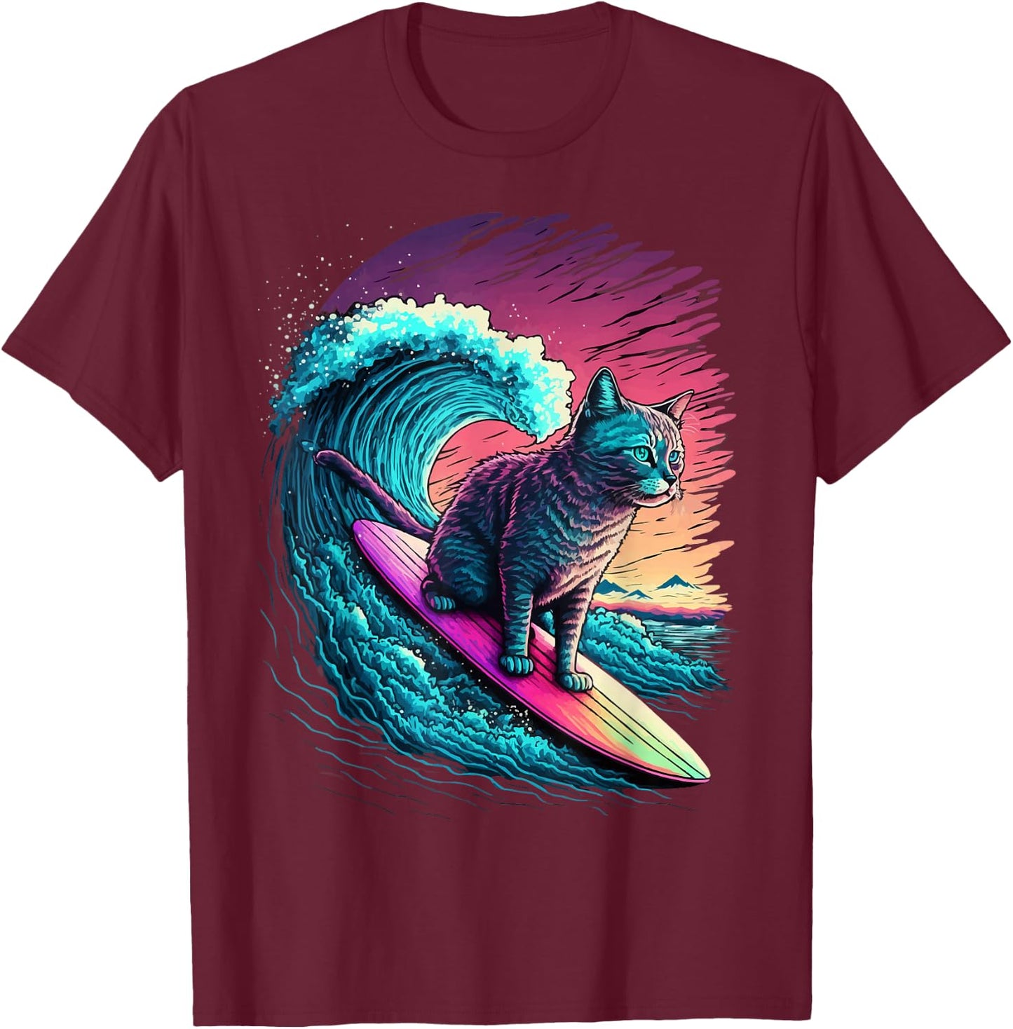 Vintage 80s Vaporwave Synthwave Retro Surfing Cat Kitten T-Shirt - T-Shirt | Maroon