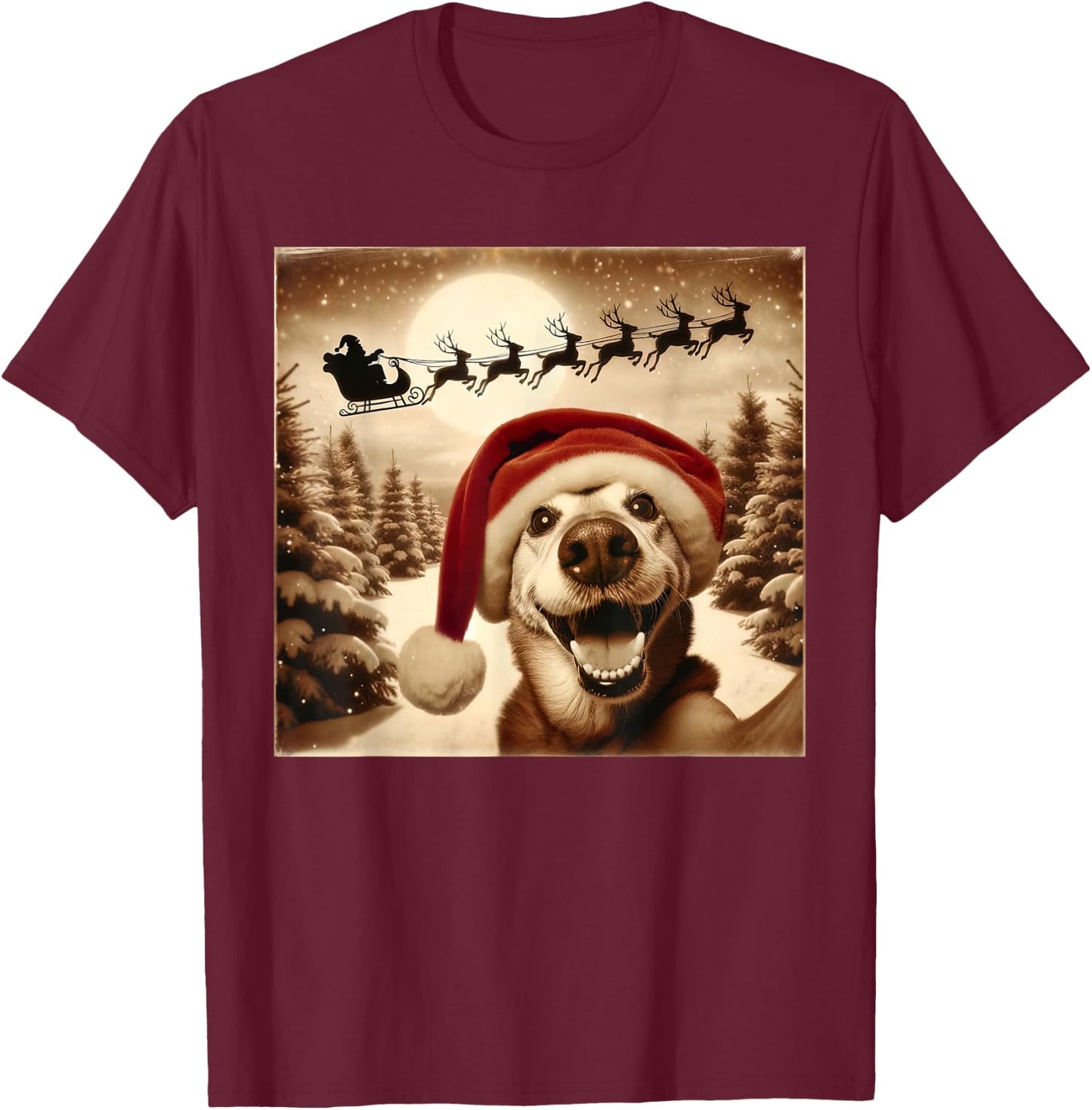 Funny Dog Selfie With Santa's Sleigh Weird dog Christmas Women Girls Kids T-Shirt - T-Shirt | Maroon