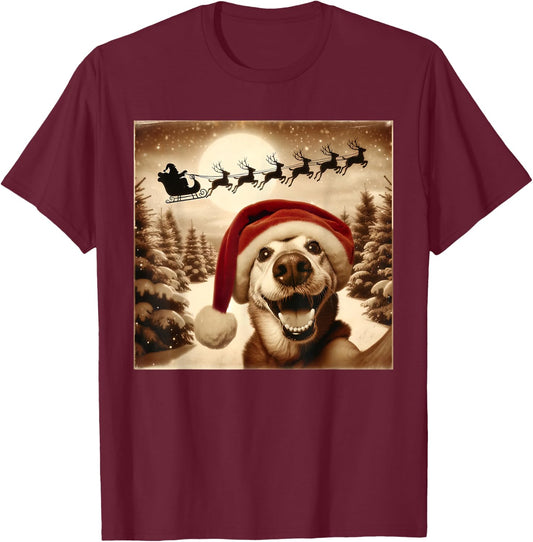 Funny Dog Selfie With Santa's Sleigh Weird dog Christmas Women Girls Kids T-Shirt - T-Shirt | Maroon