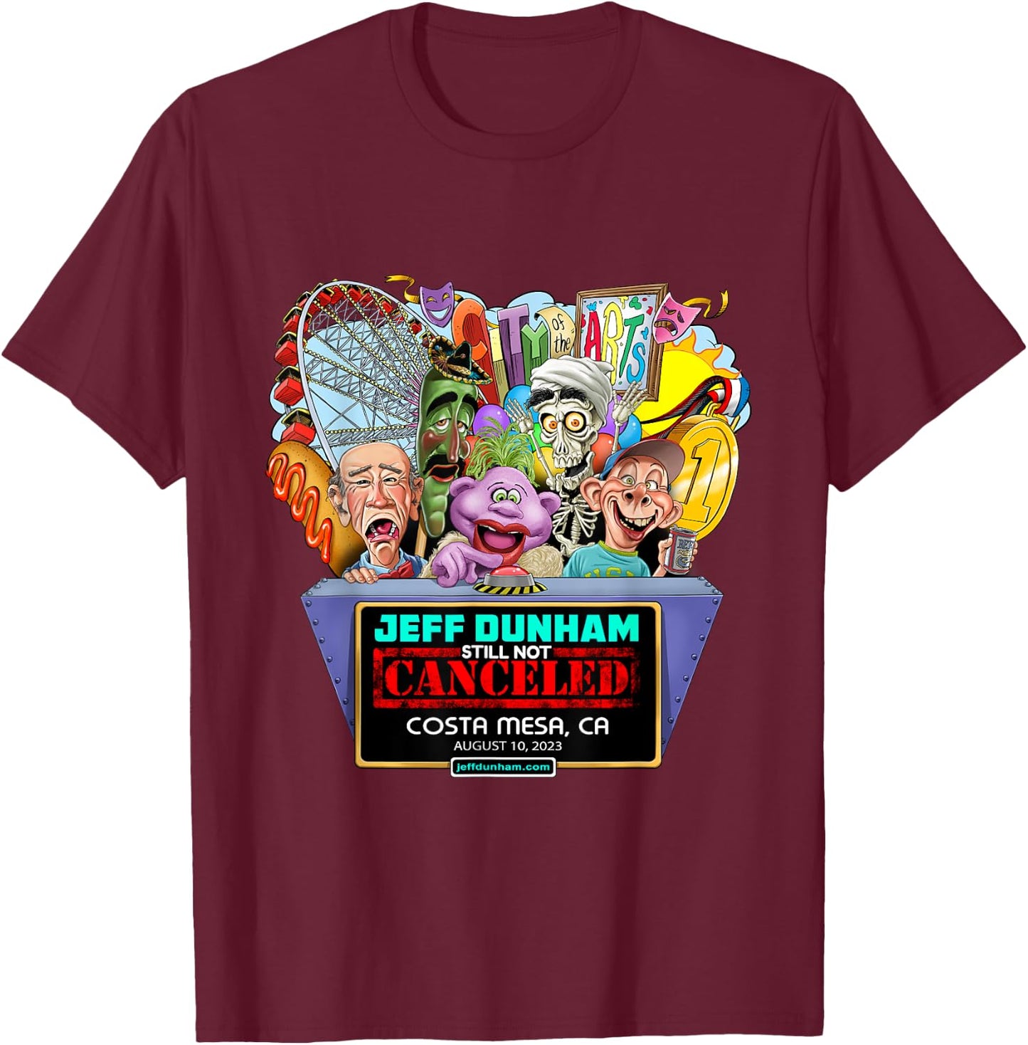 Jeff Dunham Costa Mesa, CA (2023) T-Shirt - T-Shirt | Maroon