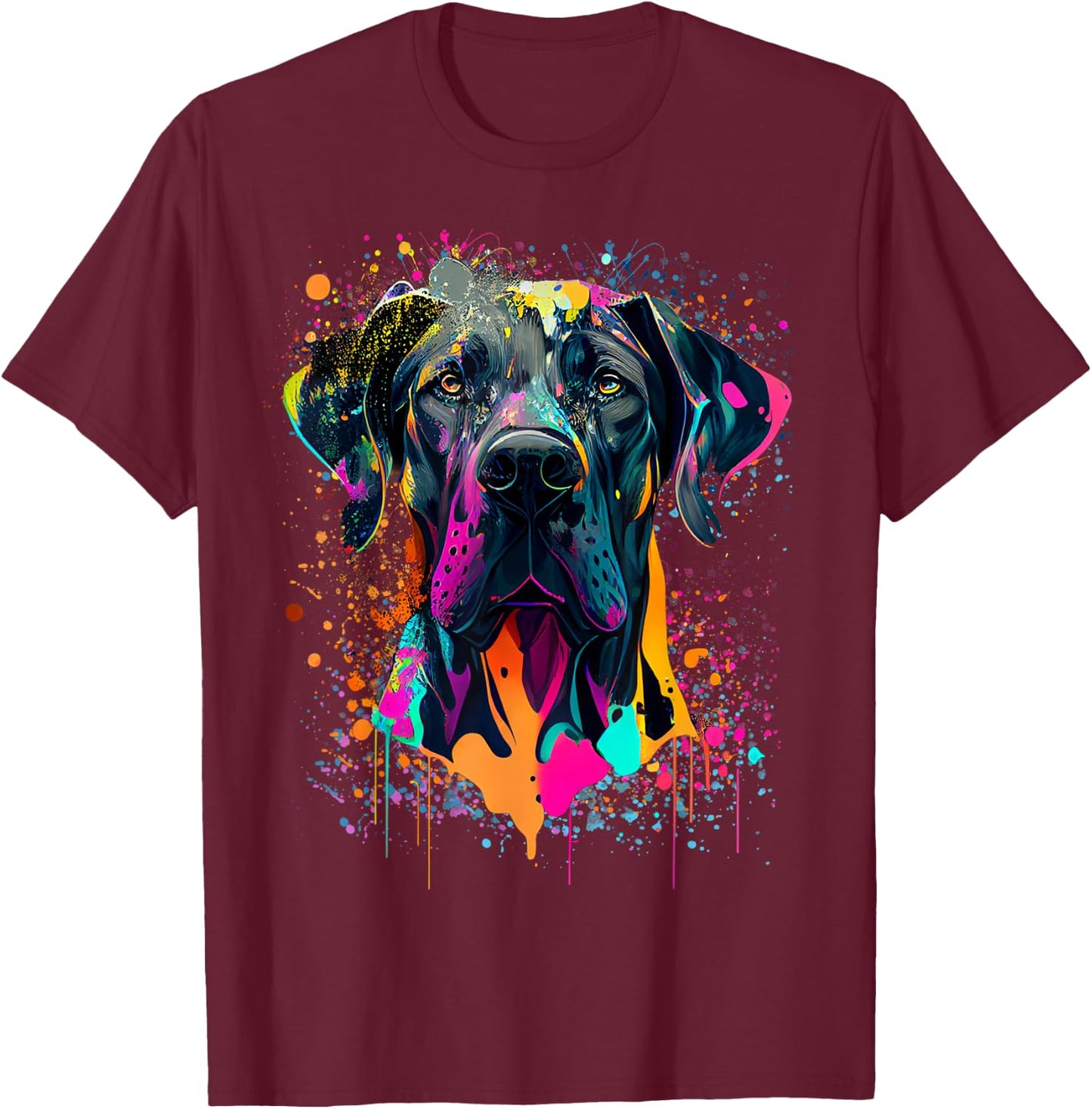 Colorful Splash Art Great Dane Portrait Puppy Owner T-Shirt - T-Shirt | Maroon