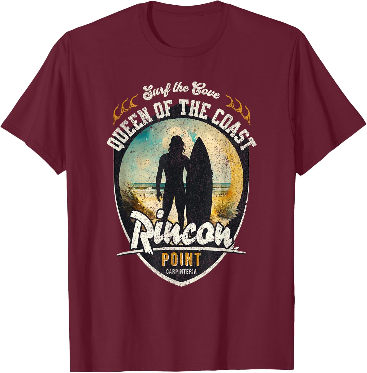 Surf the Cove Rincon Point Carpinteria Retro Beach Surfing T-Shirt - T-Shirt | Maroon