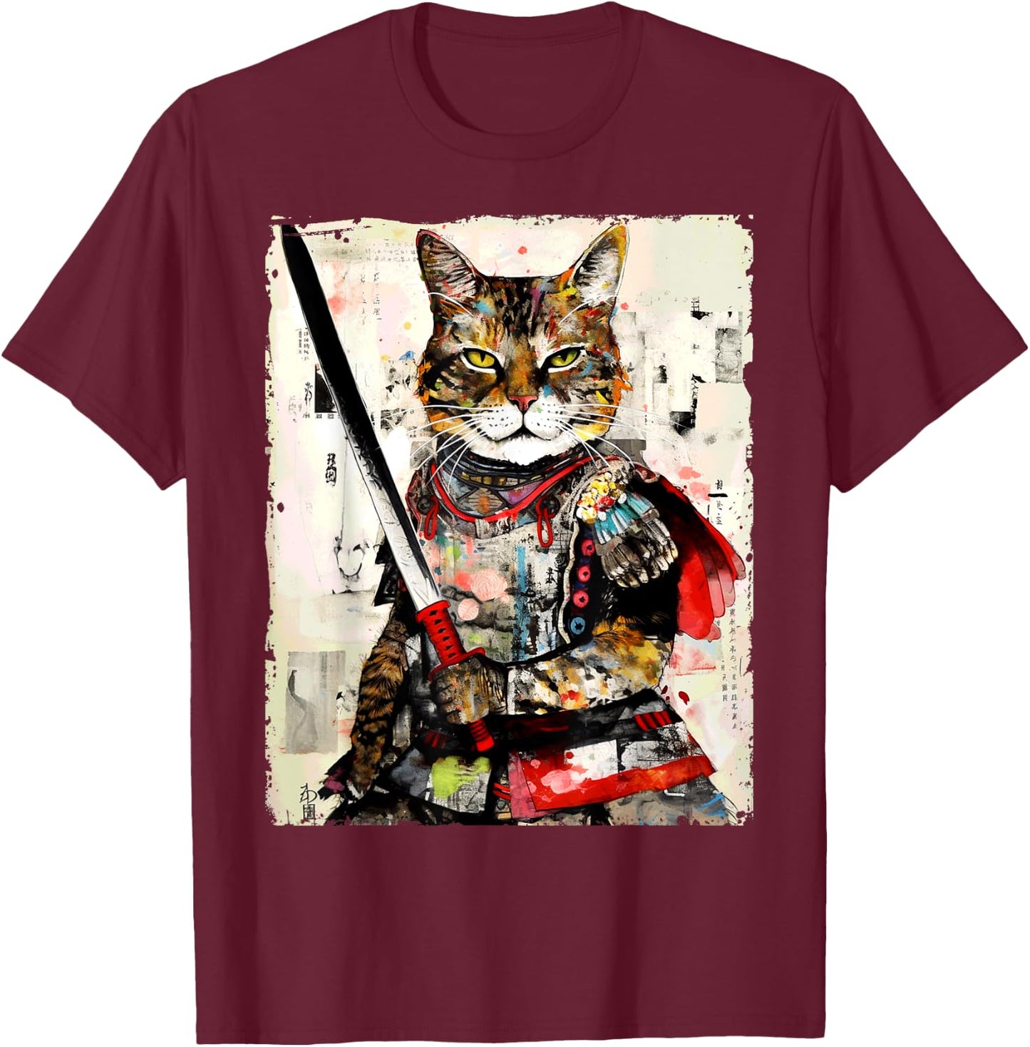 Vintage samurai cat Japanese ninja urban art graphic Men Women Girls Kids T-Shirt - T-Shirt | Maroon