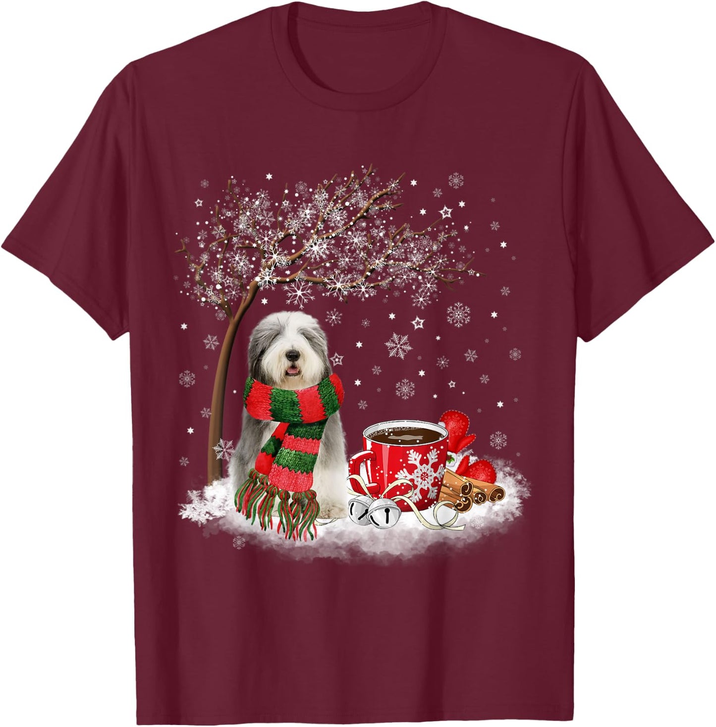 Old English Sheepdog In The Snow Christmas Winter Xmas Tree Men Women Kids T-Shirt - T-Shirt | Maroon