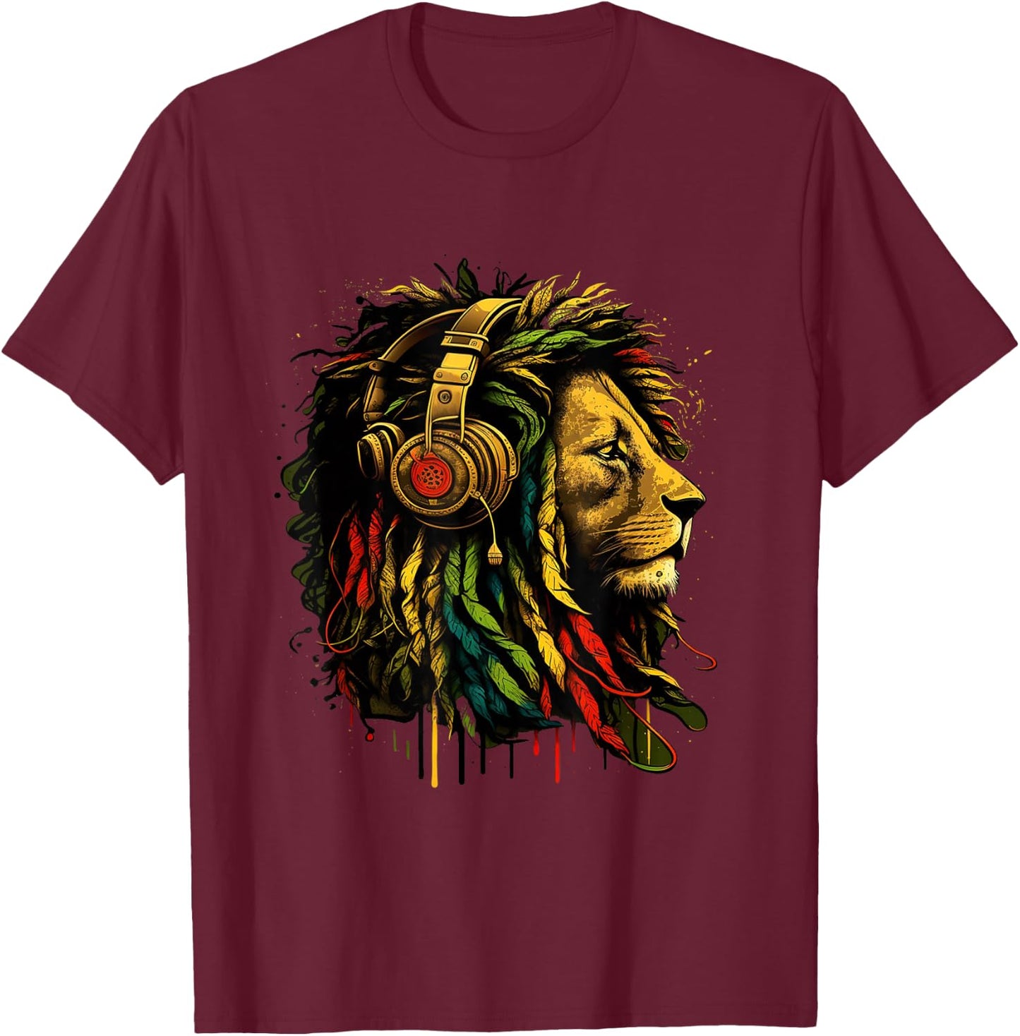 Rasta Reggae Music Headphones Jamaican Pride Lion of Judah T-Shirt - T-Shirt | Maroon