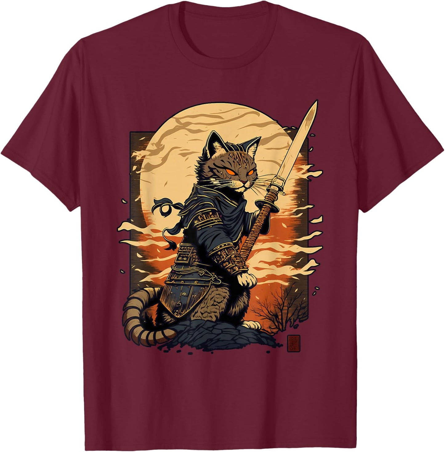 Retro Japanese Warrior Katana Ninja Cat, Samurai Kitten T-Shirt - T-Shirt | Maroon