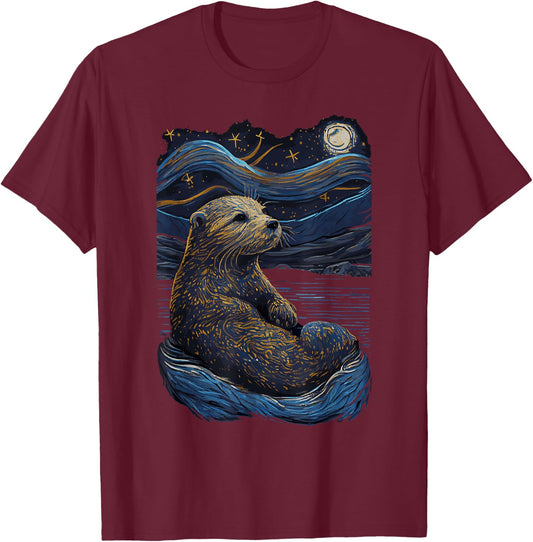 Otter Starry Night T-Shirt - T-Shirt | Maroon