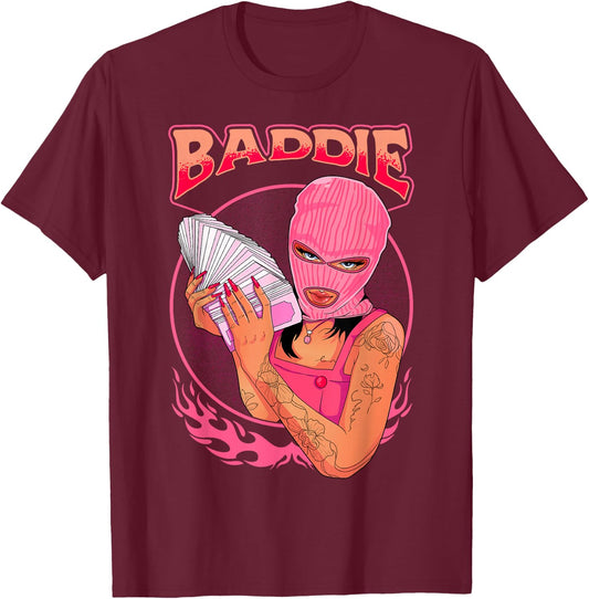 Baddie Bad Girl Stack of Cash Pink Style Sassy Character T-Shirt - T-Shirt | Maroon