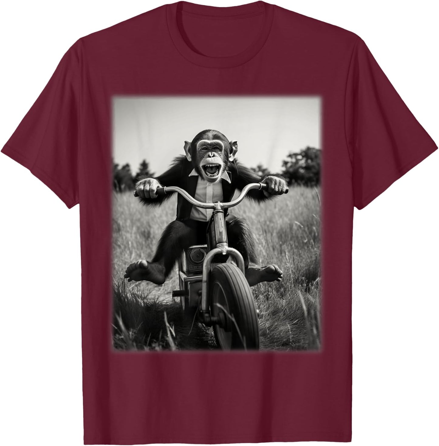 Funny Cute Monkey Chimp Riding Vintage Bicycle Men Woman T-Shirt - T-Shirt | Maroon