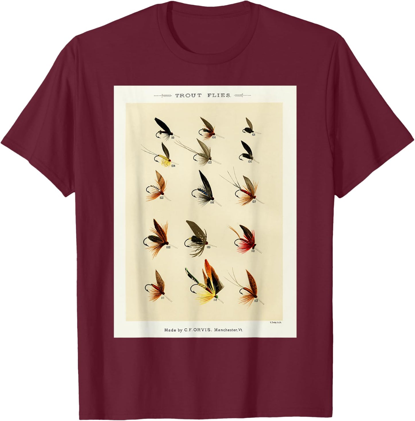 Vintage Trout Fishing Flies Mary Orvis Fisherman Art T-Shirt - T-Shirt | Maroon