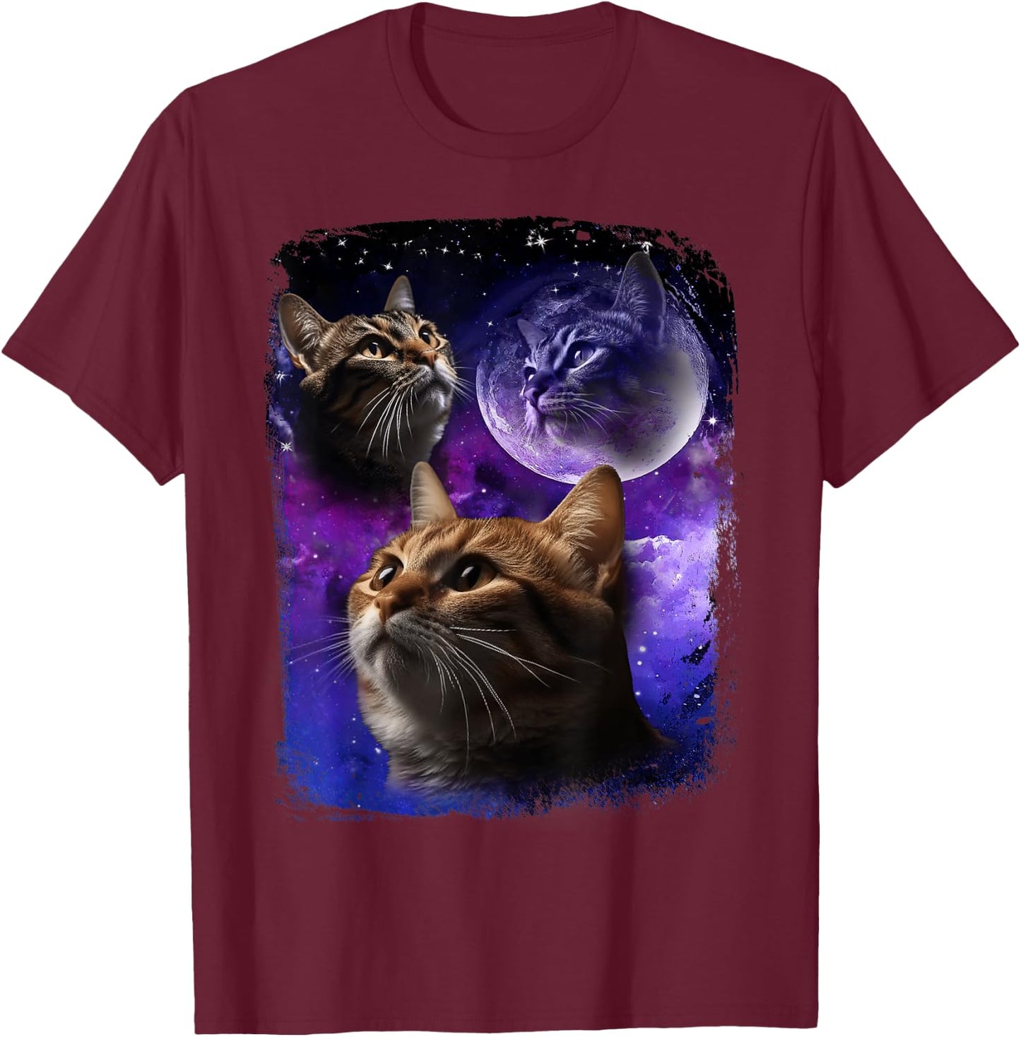 Cat Howling at Moon Galaxy Funny Three Cats Howl wolf meme Men Women T-Shirt - T-Shirt | Maroon