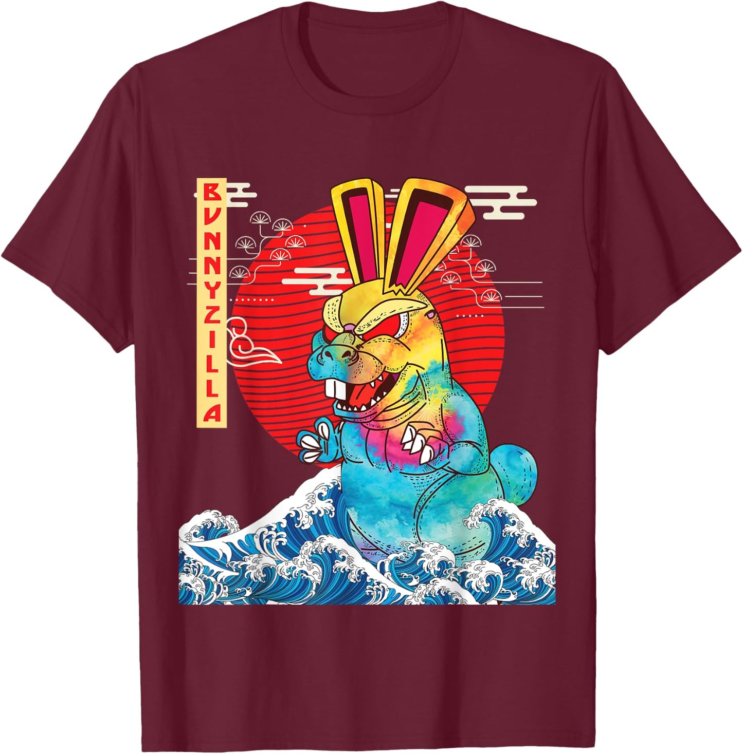 BunnyZilla Vintage Funny Cute Rabbit Art Japanese Sunset T-Shirt - T-Shirt | Maroon