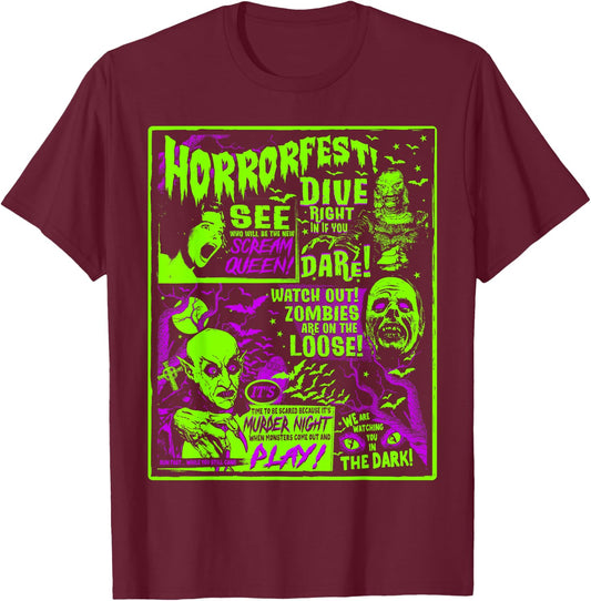 Vintage Horrorfest Poster Halloween Movie Old Time Horror T-Shirt - T-Shirt | Maroon