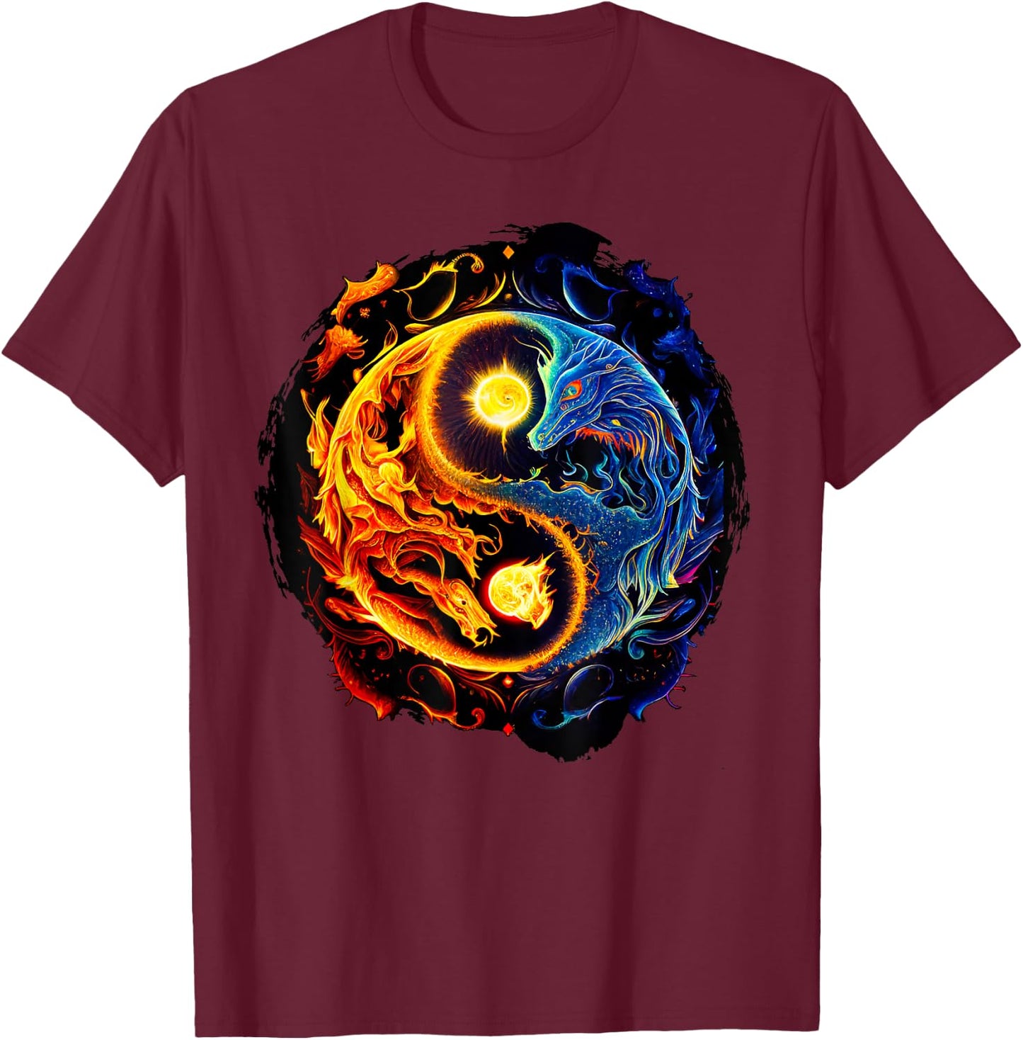 Yin Yang Dragons Fire & Water T-Shirt - T-Shirt | Maroon