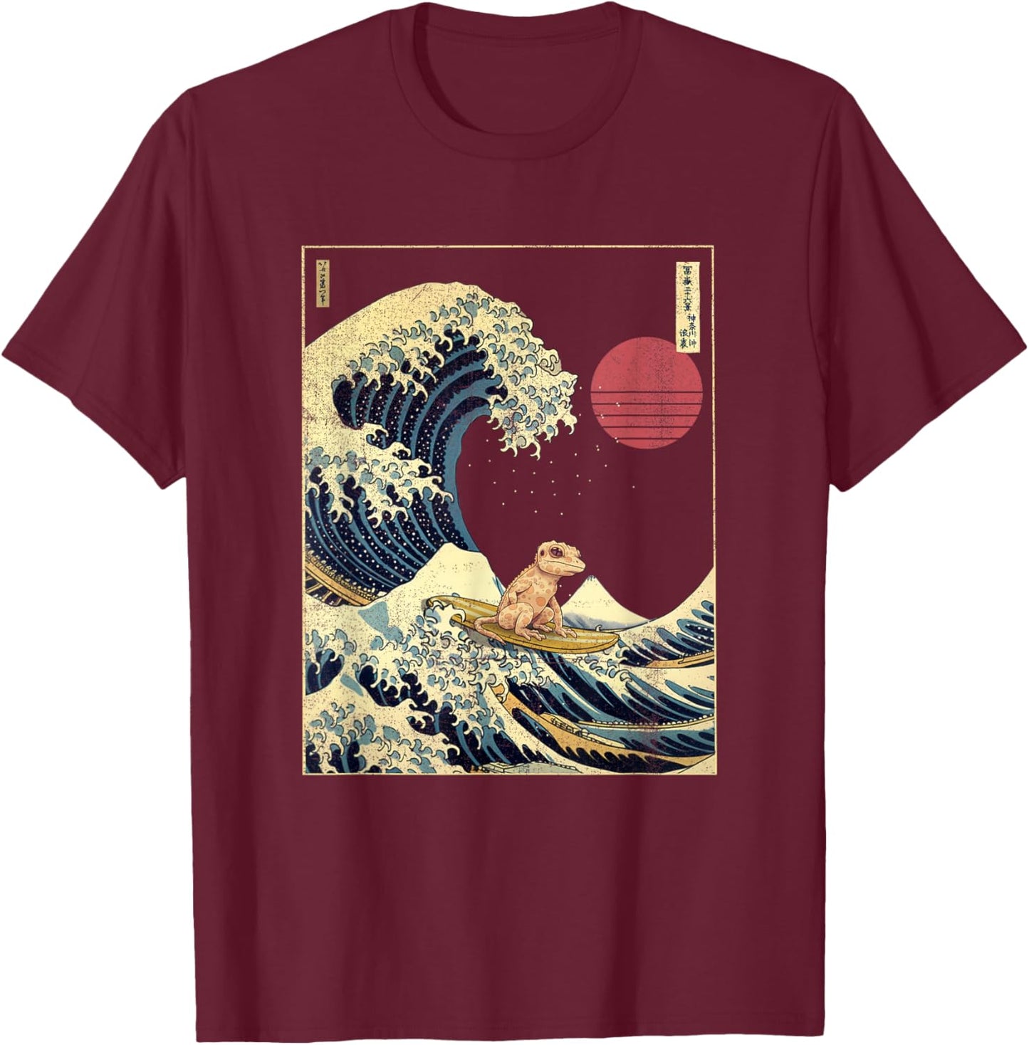 Gecko Japanese Kanagawa Wave Funny Surf Animal T-Shirt - T-Shirt | Maroon