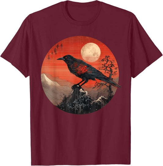 Red Moon Raven Graphic Black Crow Design T-Shirt - T-Shirt | Maroon