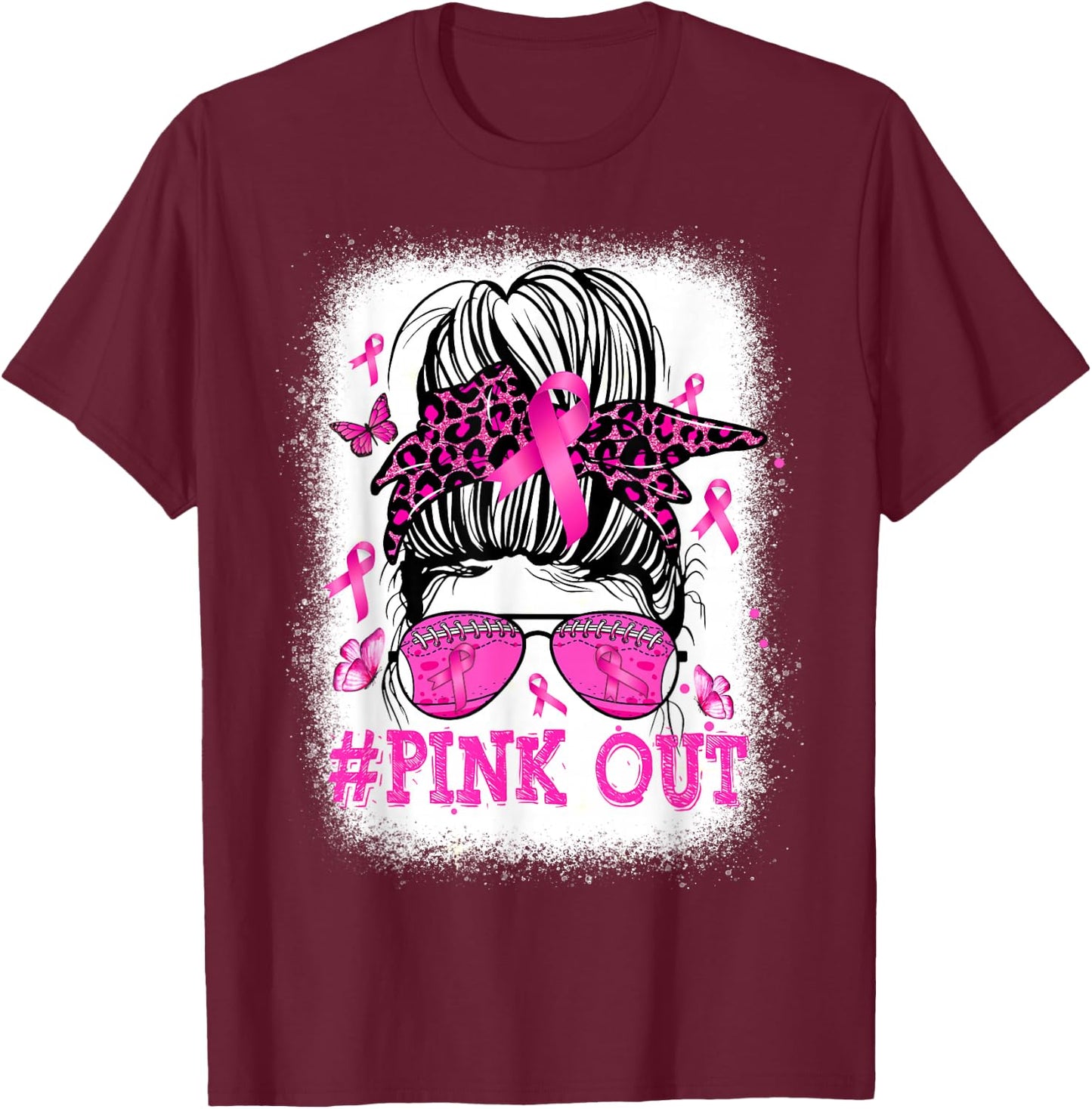 Bleached Pink Out Messy Bun Football Breast Cancer Awareness T-Shirt - T-Shirt | Maroon