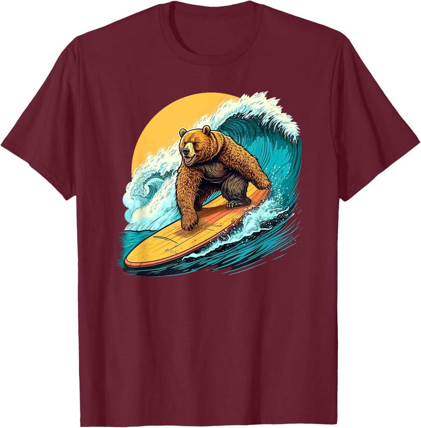 Cool Bear Surfing on Surfboard Hang Ten Surf Waves Sun Ocean T-Shirt - T-Shirt | Maroon