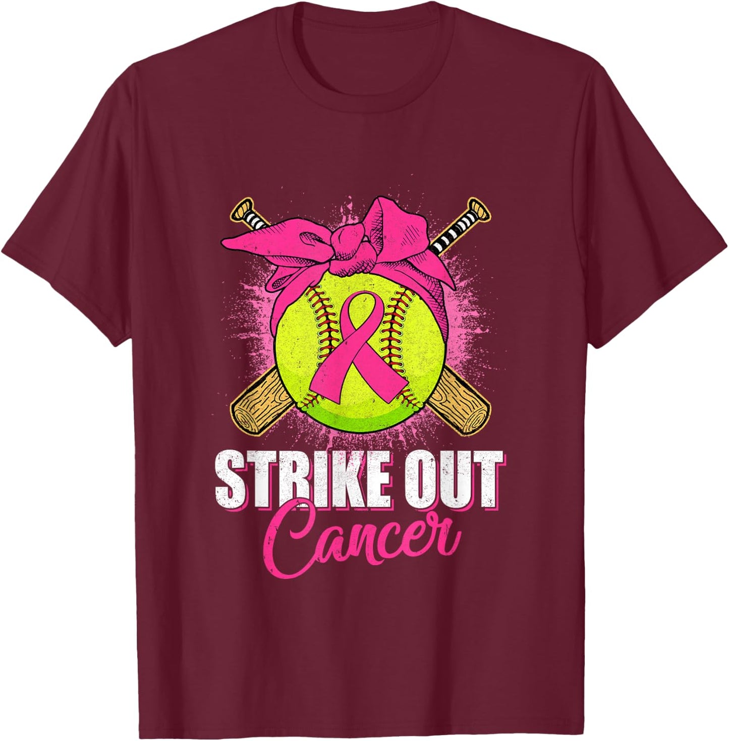 Strike Out Breast Cancer Awareness Softball Pink Ribbon T-Shirt - T-Shirt | Maroon