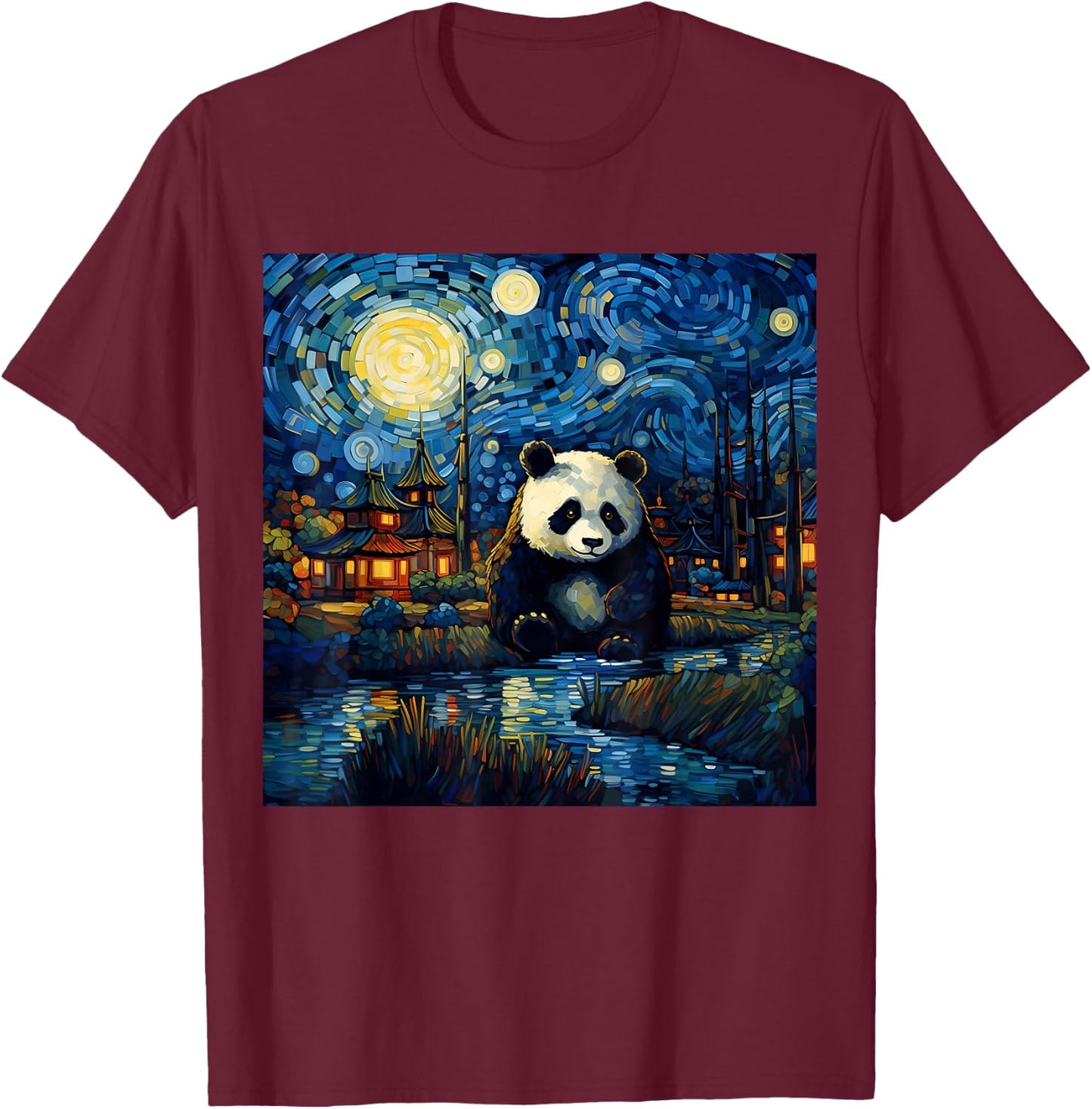 Surreal Starry Night Aesthetic Panda T-Shirt - T-Shirt | Maroon