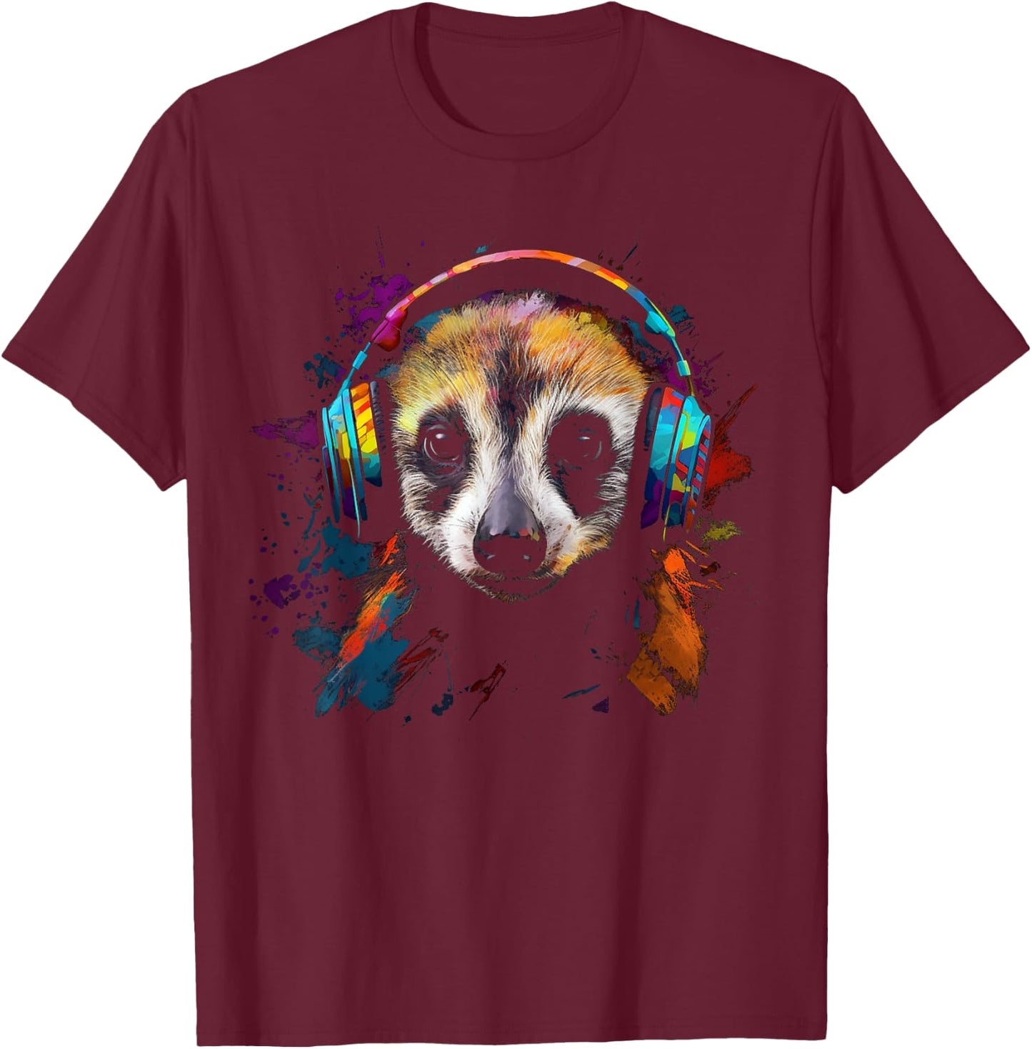Meerkat Animal Music Art - Colourful Headphones Meerkat T-Shirt - T-Shirt | Maroon