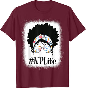 NP Nurse Practitioner Black Afro Messy Bun African American T-Shirt - T-Shirt | Maroon