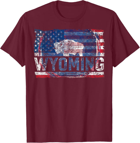 Vintage Wyoming Cowboy State US Flag Buffalo National Parks T-Shirt - T-Shirt | Maroon