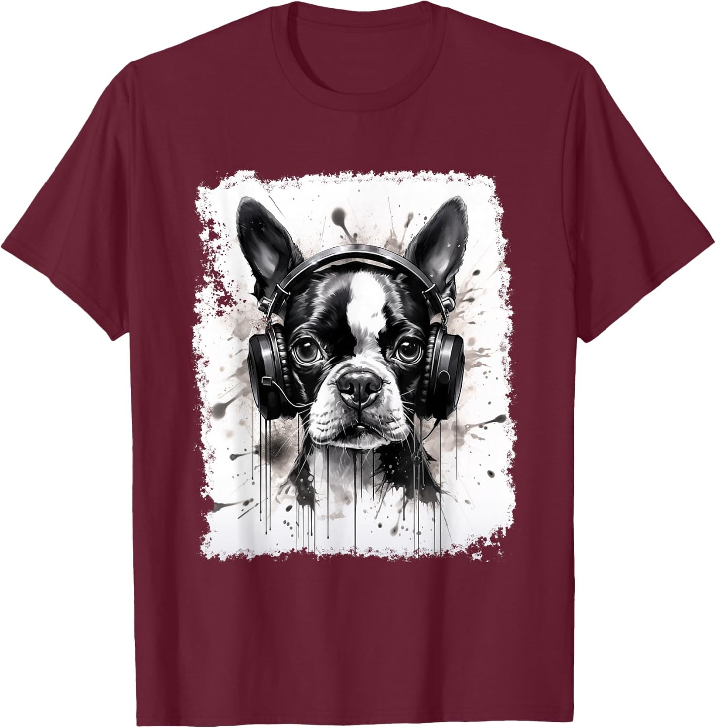 Dog Boston Terrier Music T-Shirt - T-Shirt | Maroon